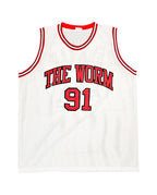 Voorkant van een wit nummer 91 basketbalshirt van Dennis Rodman met THE WORM op de borst.