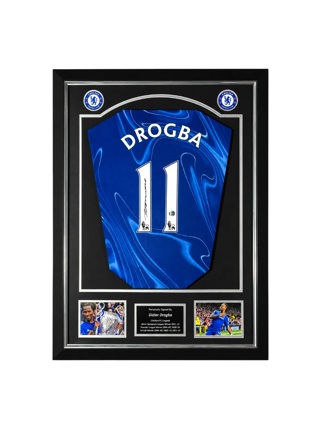 Didier Drogba signed Chelsea football shirt number 11 displayed in a black presentation frame.