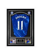 Didier Drogba signed Chelsea football shirt number 11 displayed in a black presentation frame.