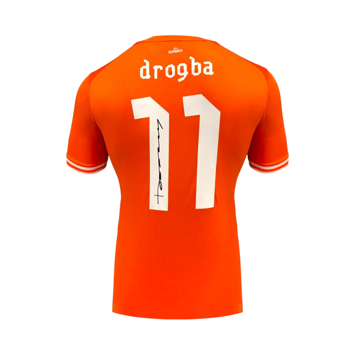 Back of an orange Ivory Coast number 11 football shirt signed by Didier Drogba. Hoofdafbeelding
