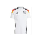 Voorkant van het witte Duitsland Euro 2024 Adidas voetbalshirt met nationaal embleem, vier sterren en details in de Duitse kleuren.