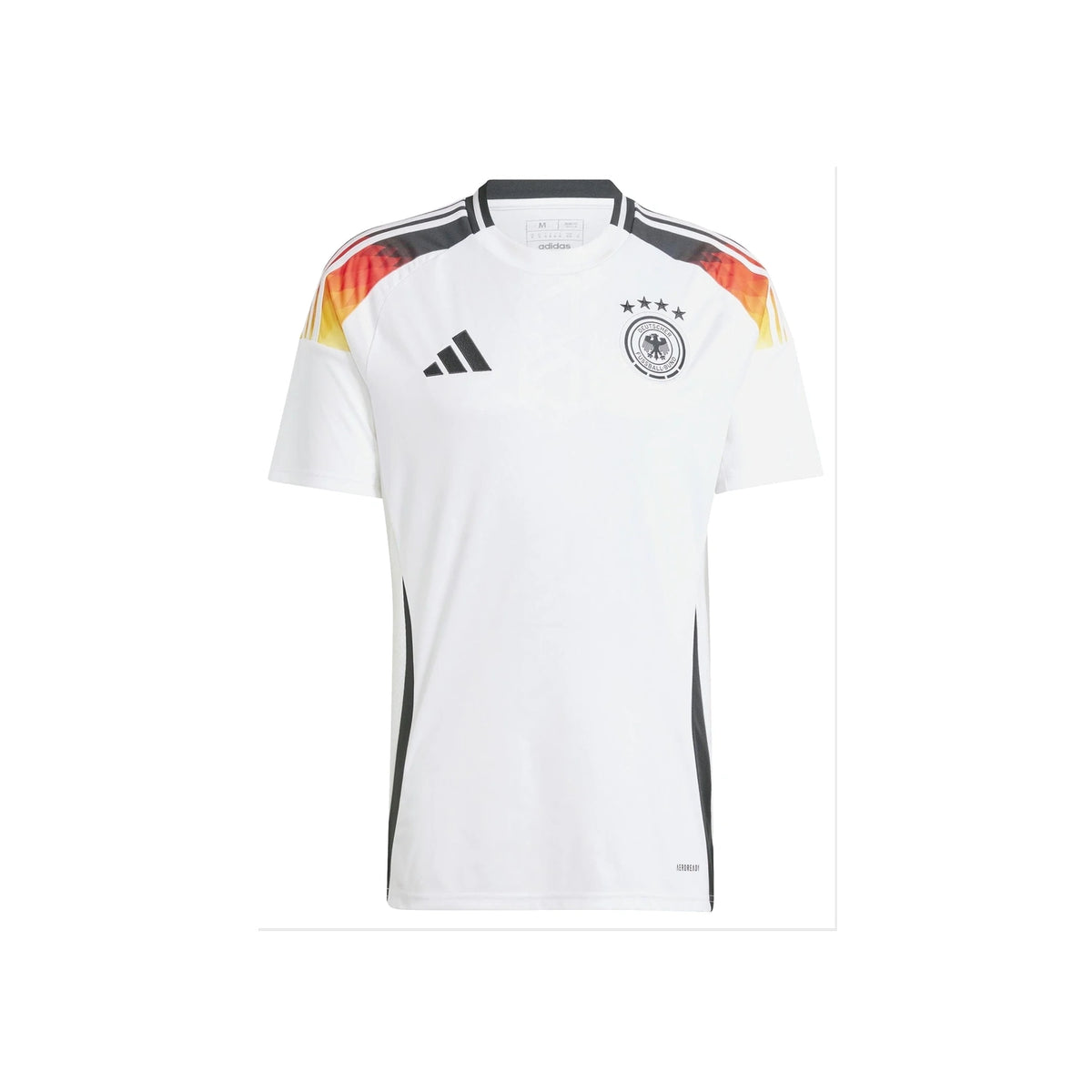 Voorkant van het witte Duitsland Euro 2024 Adidas voetbalshirt met nationaal embleem, vier sterren en details in de Duitse kleuren.