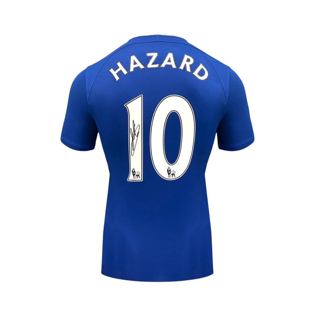 Back view of the official Chelsea 2022-23 home football shirt signed by Eden Hazard.