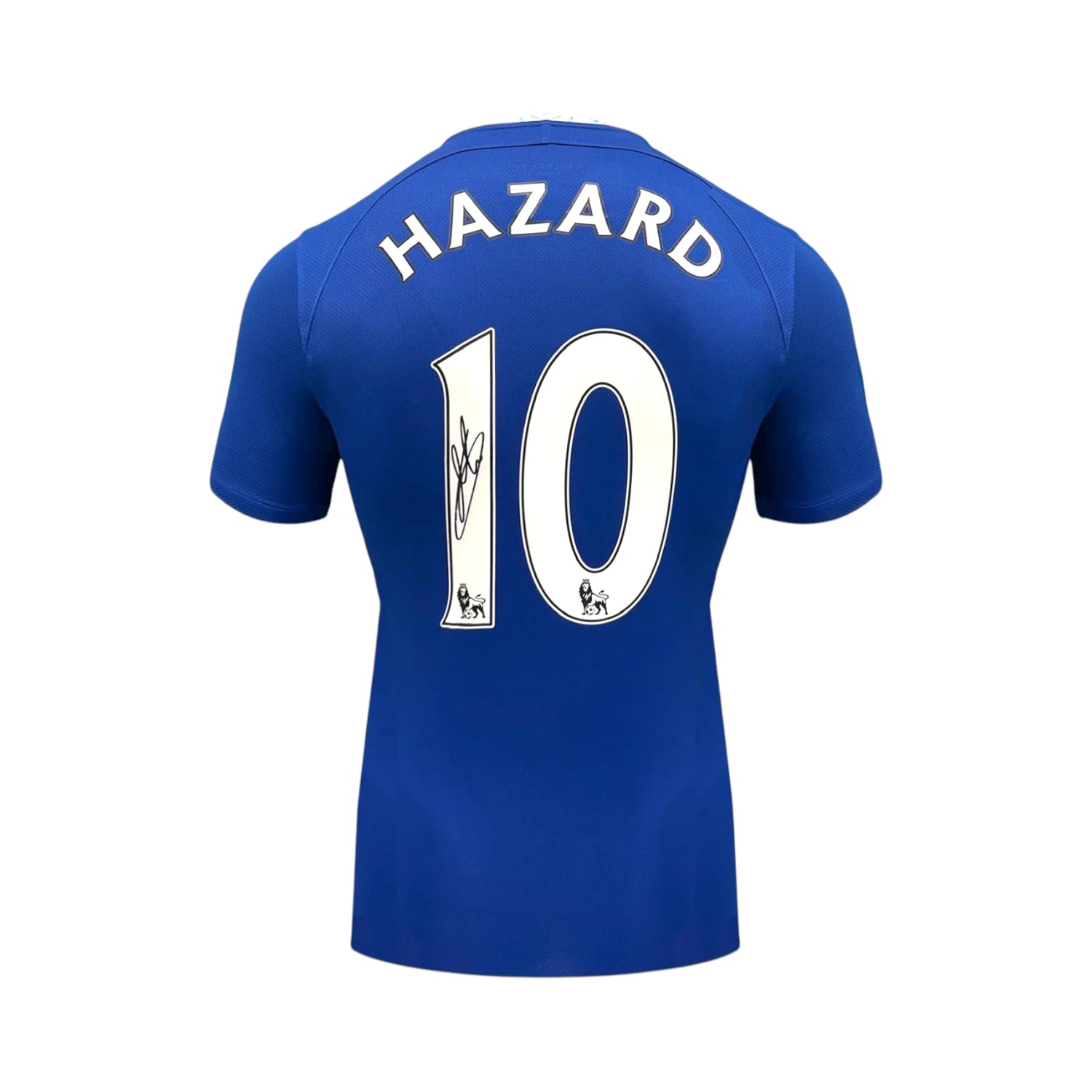 Back view of the official Chelsea 2022-23 home football shirt signed by Eden Hazard. Hoofdafbeelding