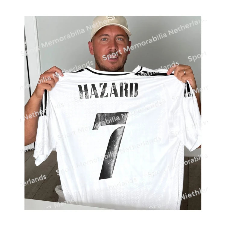 Signing proof of Eden Hazard with a signed Real Madrid 2024-25 football shirt during a private signing session.