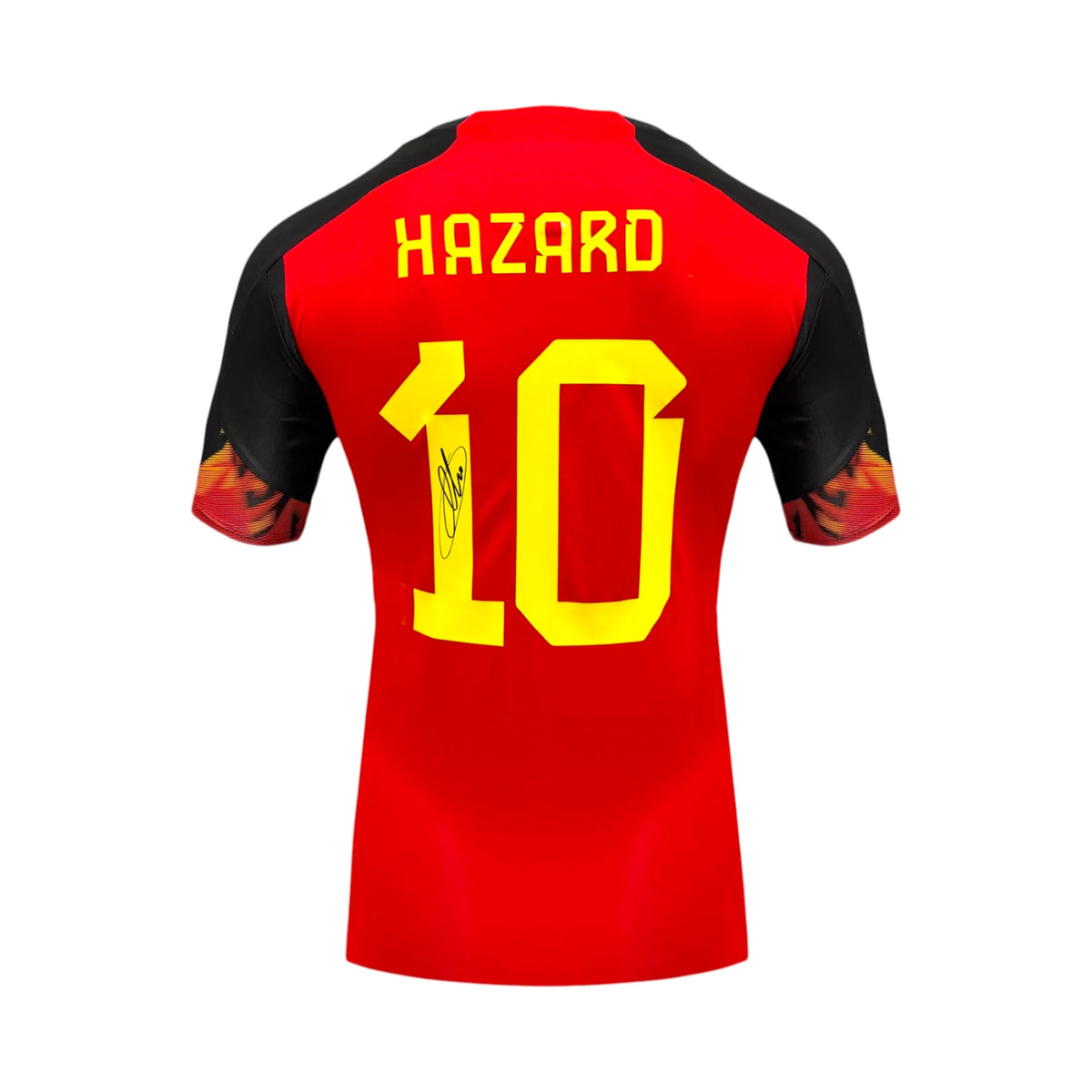 Back of a red Belgium 2022-23 number 10 football shirt signed by Eden Hazard on the yellow number. Main image