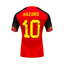 Back of a red Belgium 2022-23 number 10 football shirt signed by Eden Hazard on the yellow number.