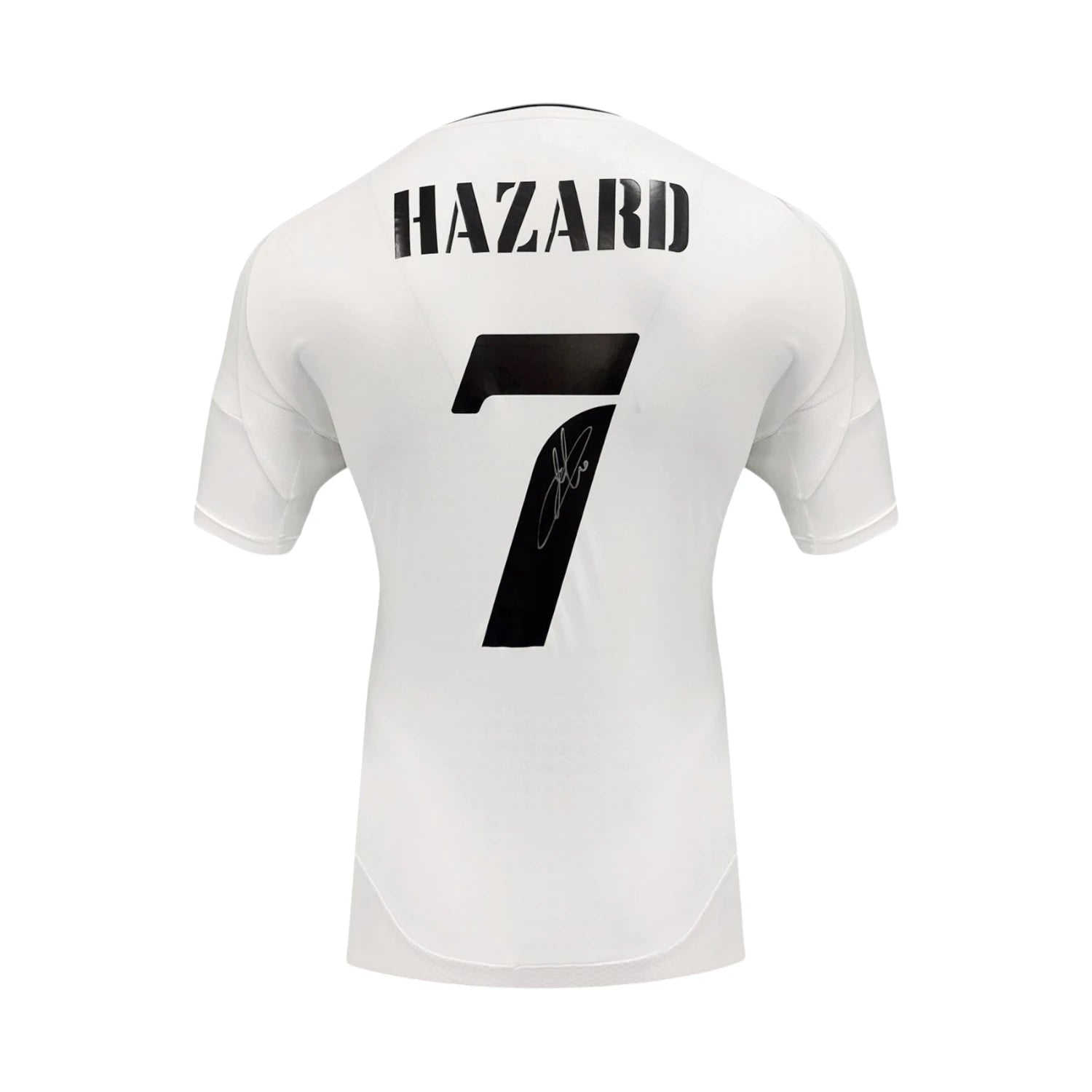 Back of a white Real Madrid 2024-25 number 7 football shirt signed by Eden Hazard on the black number. Main image