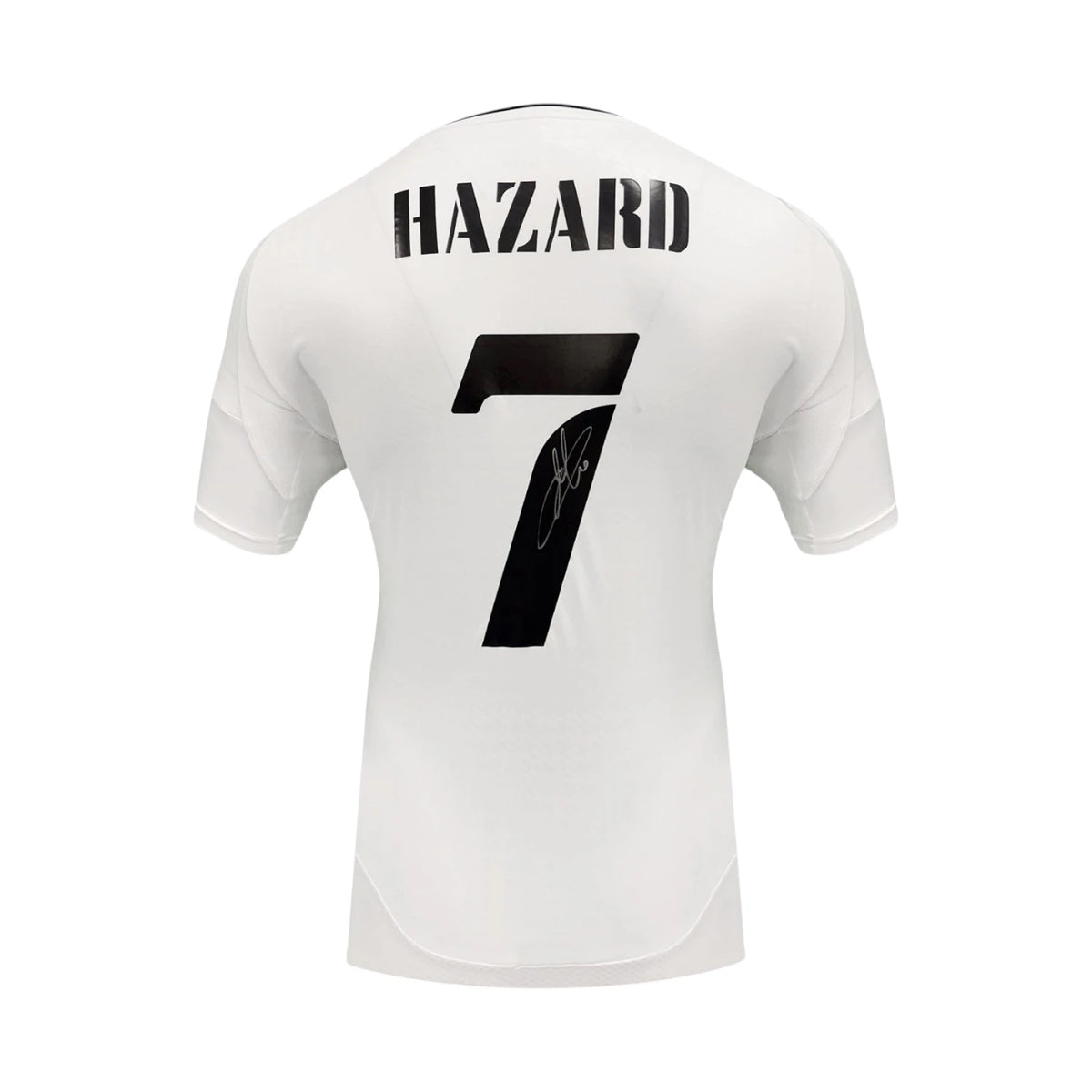 Back of a white Real Madrid 2024-25 number 7 football shirt signed by Eden Hazard on the black number.