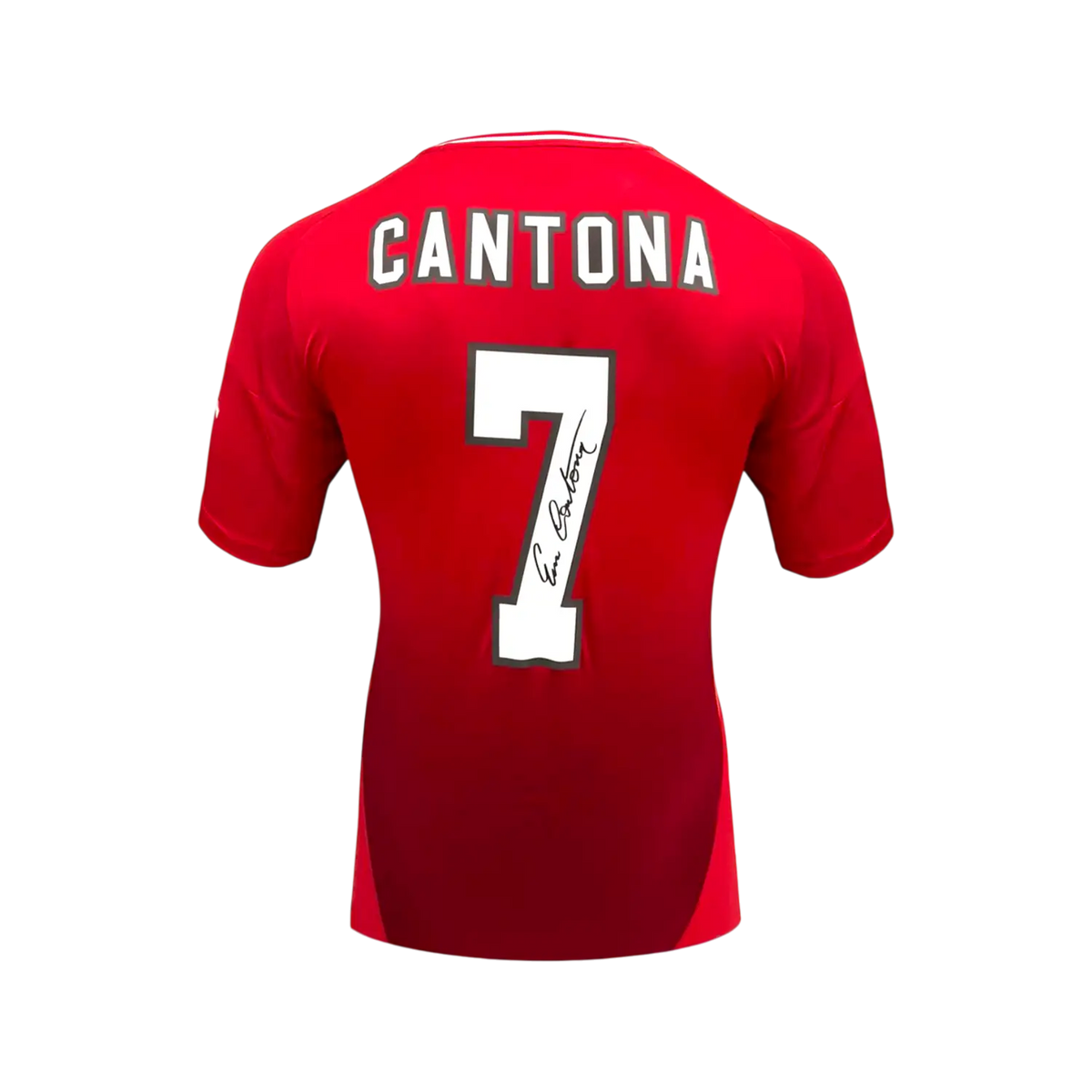 Achterkant van een rood Manchester United nummer 7 voetbalshirt gesigneerd door Eric Cantona. Hoofdafbeelding