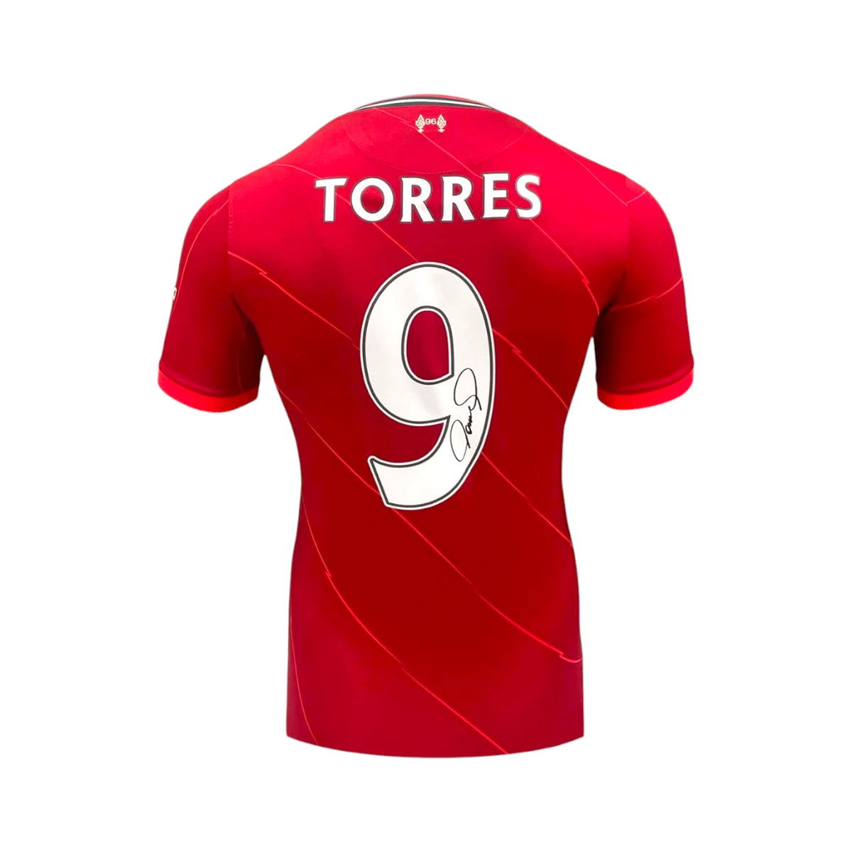 Back view of the official Liverpool 2021-22 home football shirt signed by Fernando Torres. Hoofdafbeelding