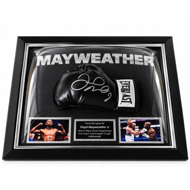 Floyd Mayweather Jr. gesigneerde Everlast bokshandschoen professioneel ingelijst in luxe Deluxe Frame.