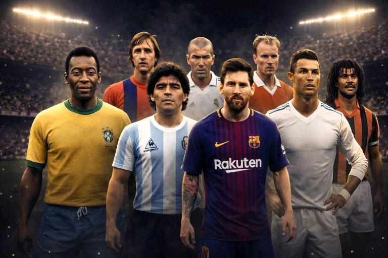 Football legends memorabilia collection featuring iconic players posed together inside a stadium