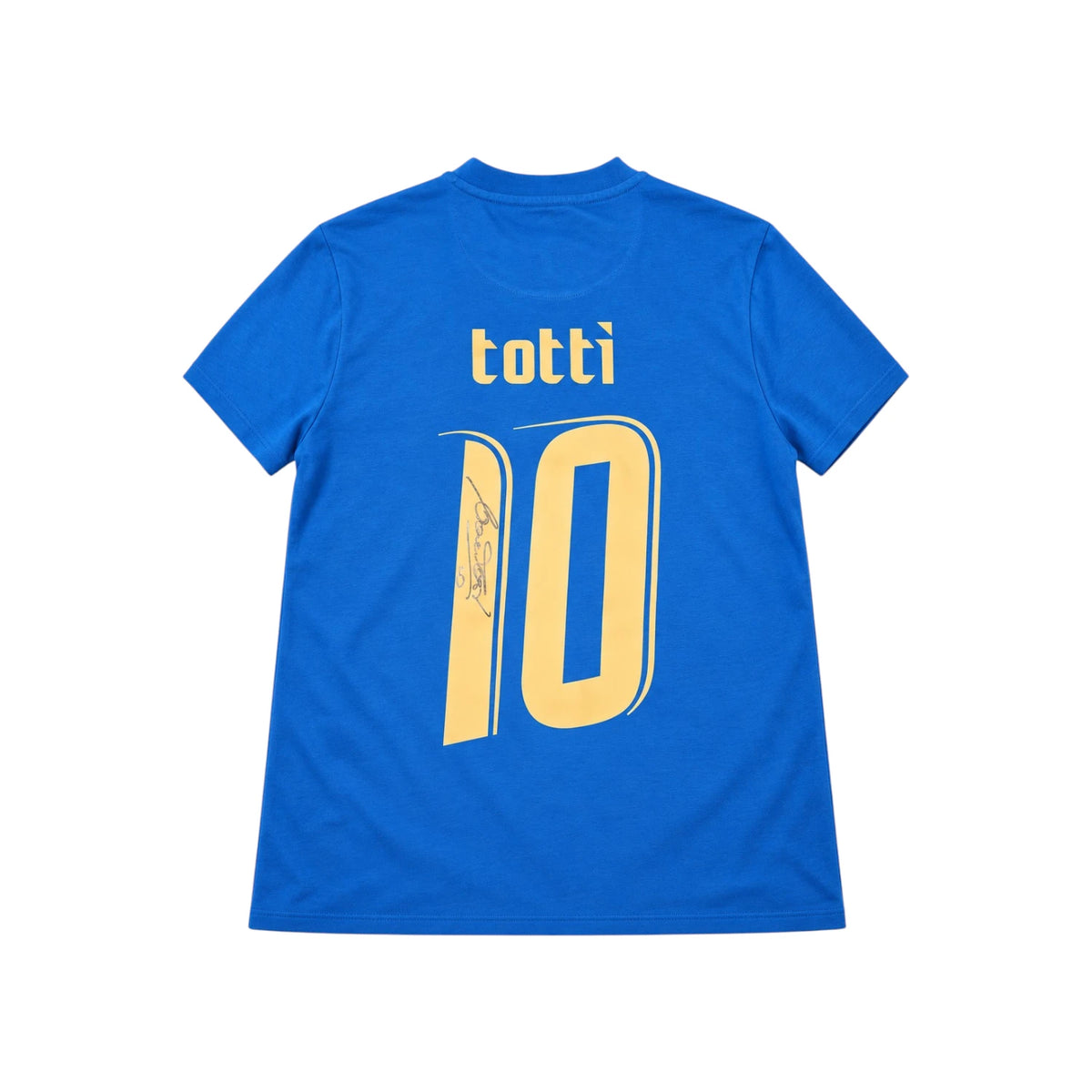 Back of a blue Italy number 10 football shirt signed by Francesco Totti on the gold number.