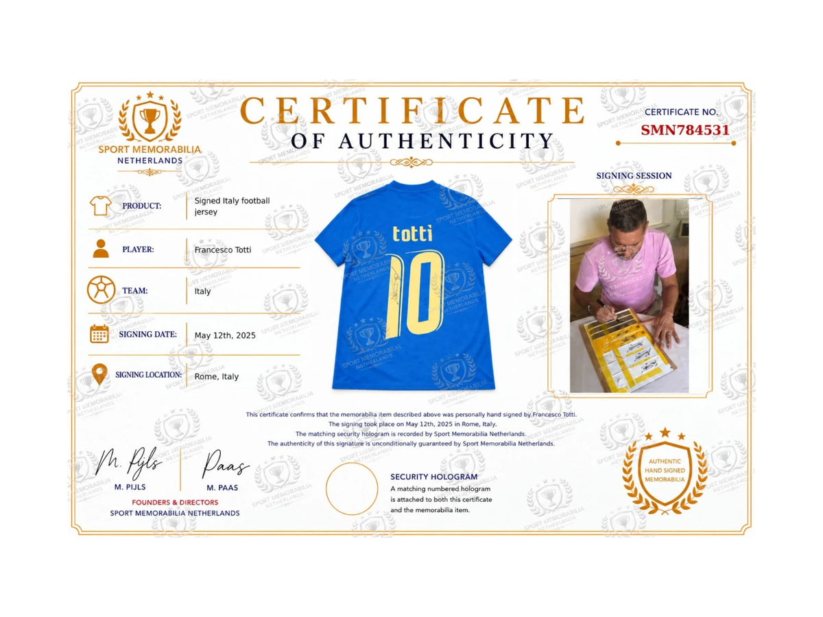 Certificate of authenticity for a Francesco Totti signed Italy number 10 football shirt.