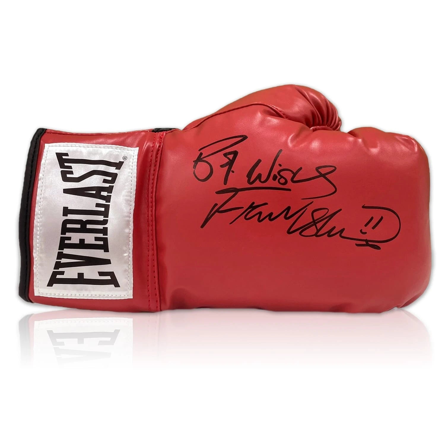 Red Everlast boxing glove signed by Frank Bruno with black signature and Know What I Mean inscription.