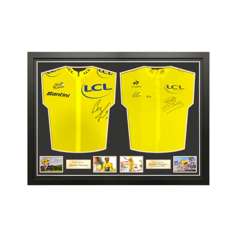 Framed Tour de France yellow cycling jerseys signed by Geraint Thomas and Bradley Wiggins with four action photos. Main image