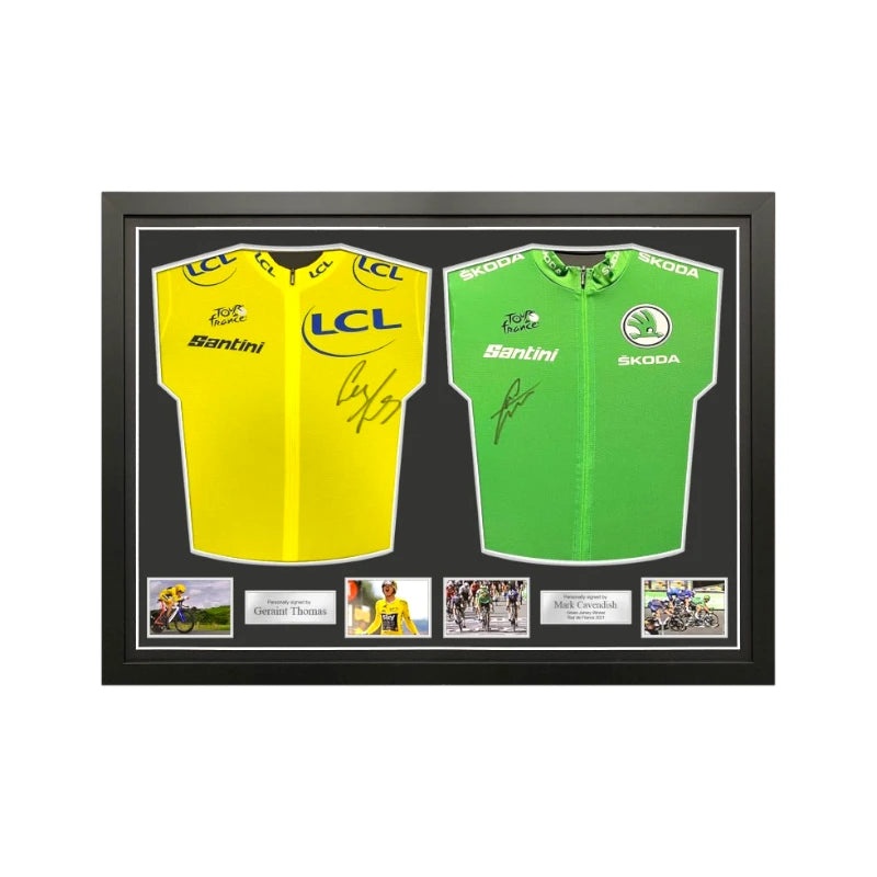 Framed Tour de France yellow and green cycling jerseys signed by Geraint Thomas and Mark Cavendish with four action photos.
