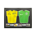 Framed Tour de France yellow and green cycling jerseys signed by Geraint Thomas and Mark Cavendish with four action photos.
