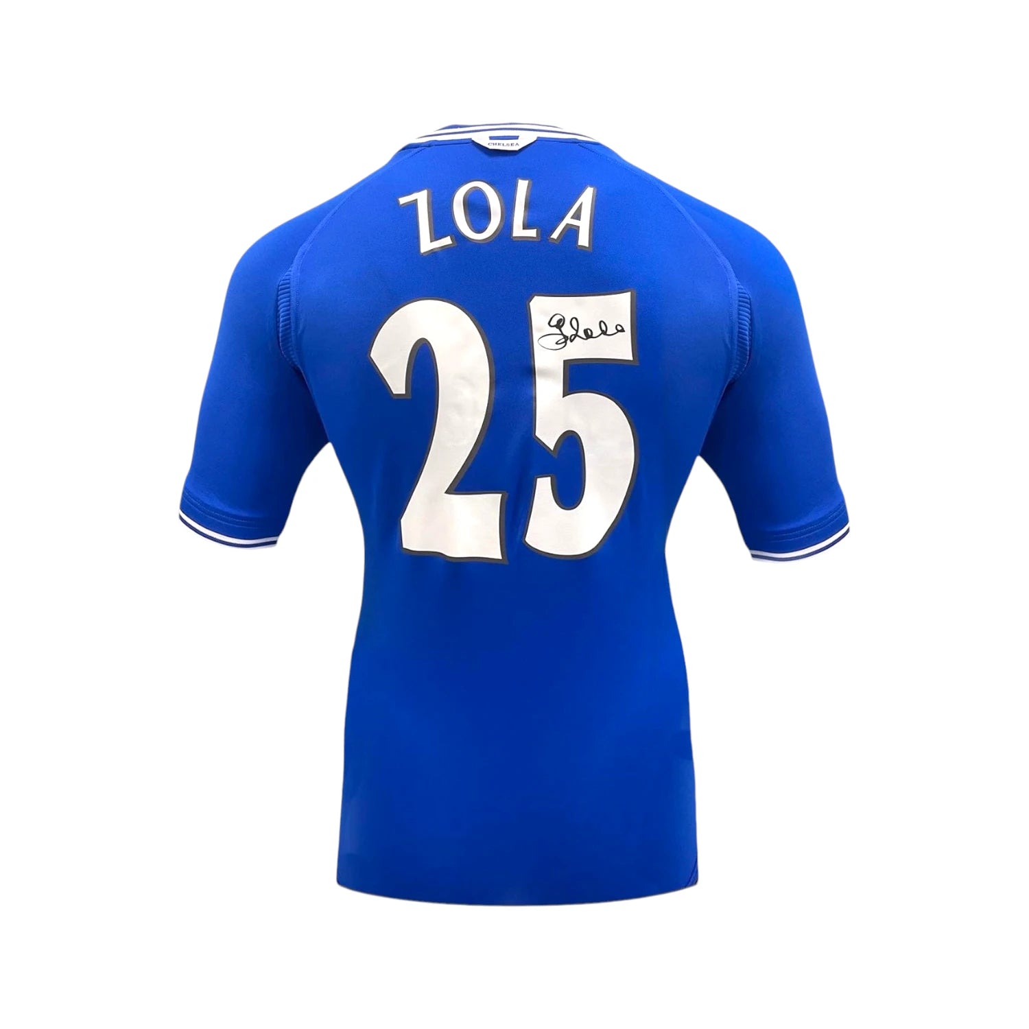 Back view of the Chelsea 2000 home football shirt signed by Gianfranco Zola.