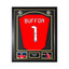 Rood Juventus keepersshirt gesigneerd door Gianluigi Buffon, met rugnummer 1 en handtekening, professioneel ingelijst in een zwart-gouden Deluxe Frame met twee spelersfoto's.