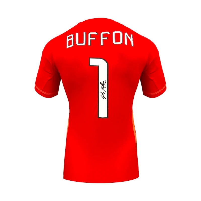 Achterkant van een rood keepersshirt gesigneerd door Gianluigi Buffon, met de naam Buffon, wit rugnummer 1 en zwarte handtekening op het rugnummer.
