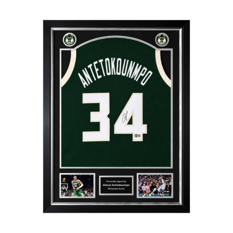 Giannis Antetokounmpo gesigneerd Milwaukee Bucks basketbalshirt met rugnummer 34, professioneel ingelijst in Deluxe Frame