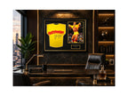 Ingelijst geel Hulkamania-shirt gesigneerd door Hulk Hogan, gepresenteerd in een luxe kantoorinterieur.