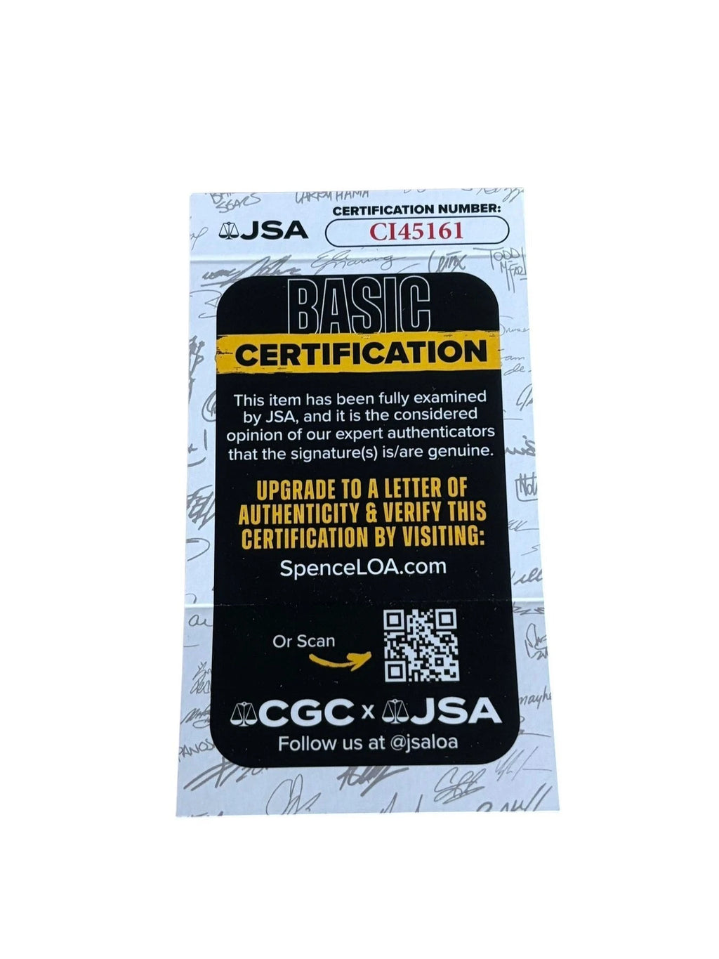 JSA-certificaat van echtheid voor het door Hulk Hogan gesigneerde gele Hulkamania-shirt.