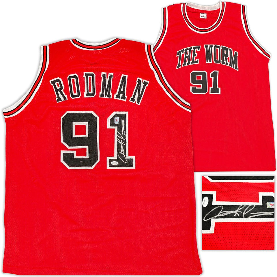 Dennis Rodman Gesigneerd Chicago Bulls Shirt - The Worm #91 - Rood - Sport Memorabilia Netherlands