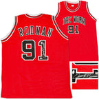 Dennis Rodman Gesigneerd Chicago Bulls Shirt - The Worm #91 - Rood - Sport Memorabilia Netherlands