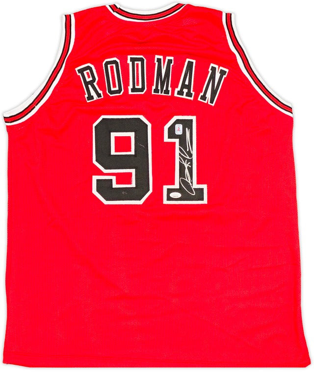 Dennis Rodman Gesigneerd Chicago Bulls Shirt - The Worm #91 - Rood - Sport Memorabilia Netherlands