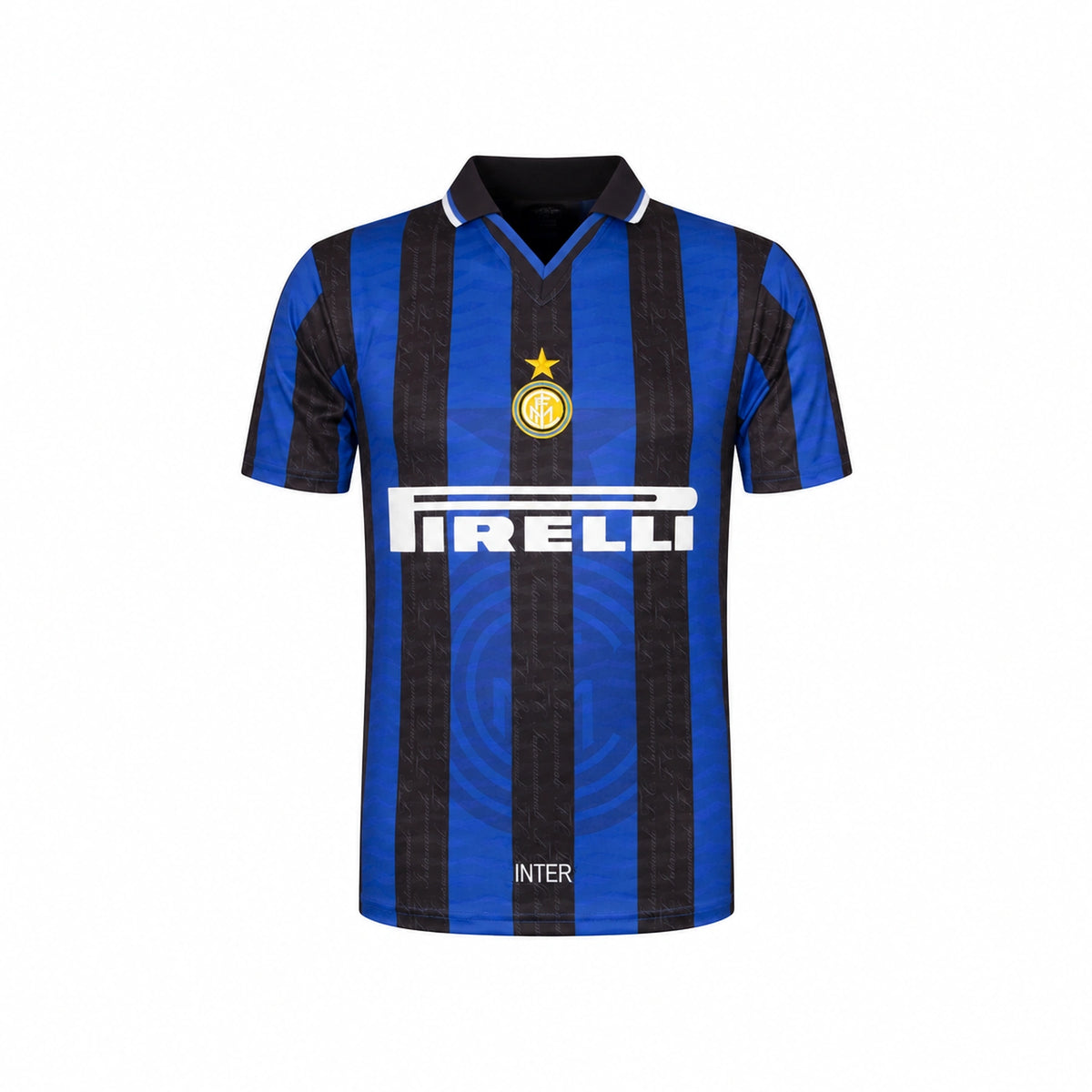 Voorkant van het blauw-zwarte Inter Milan 1997-1998 retro voetbalshirt met Pirelli-sponsor, clublogo en gouden ster.