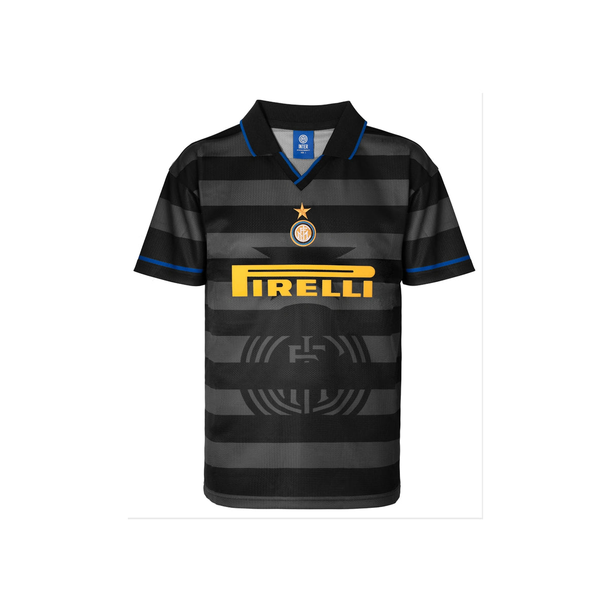 Voorkant van een Inter Milan 1998 UEFA Cup Final replica voetbalshirt in blauw-zwart met clublogo en Pirelli-sponsor.