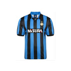 Voorkant van een blauw-zwart Inter Milan retro voetbalshirt met Misura-sponsor en clubembleem.