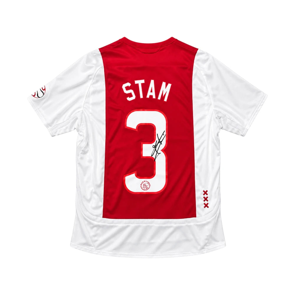 Gesigneerd Ajax voetbalshirt van Jaap Stam, achterkant met naam Stam, rugnummer 3 en handtekening