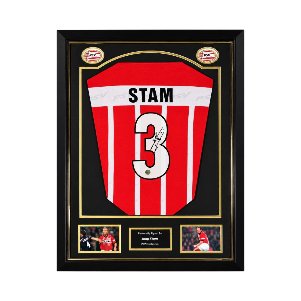 Door Jaap Stam gesigneerd en professioneel ingelijst PSV voetbalshirt met naam Stam en rugnummer 3, Deluxe Frame Hoofdafbeelding