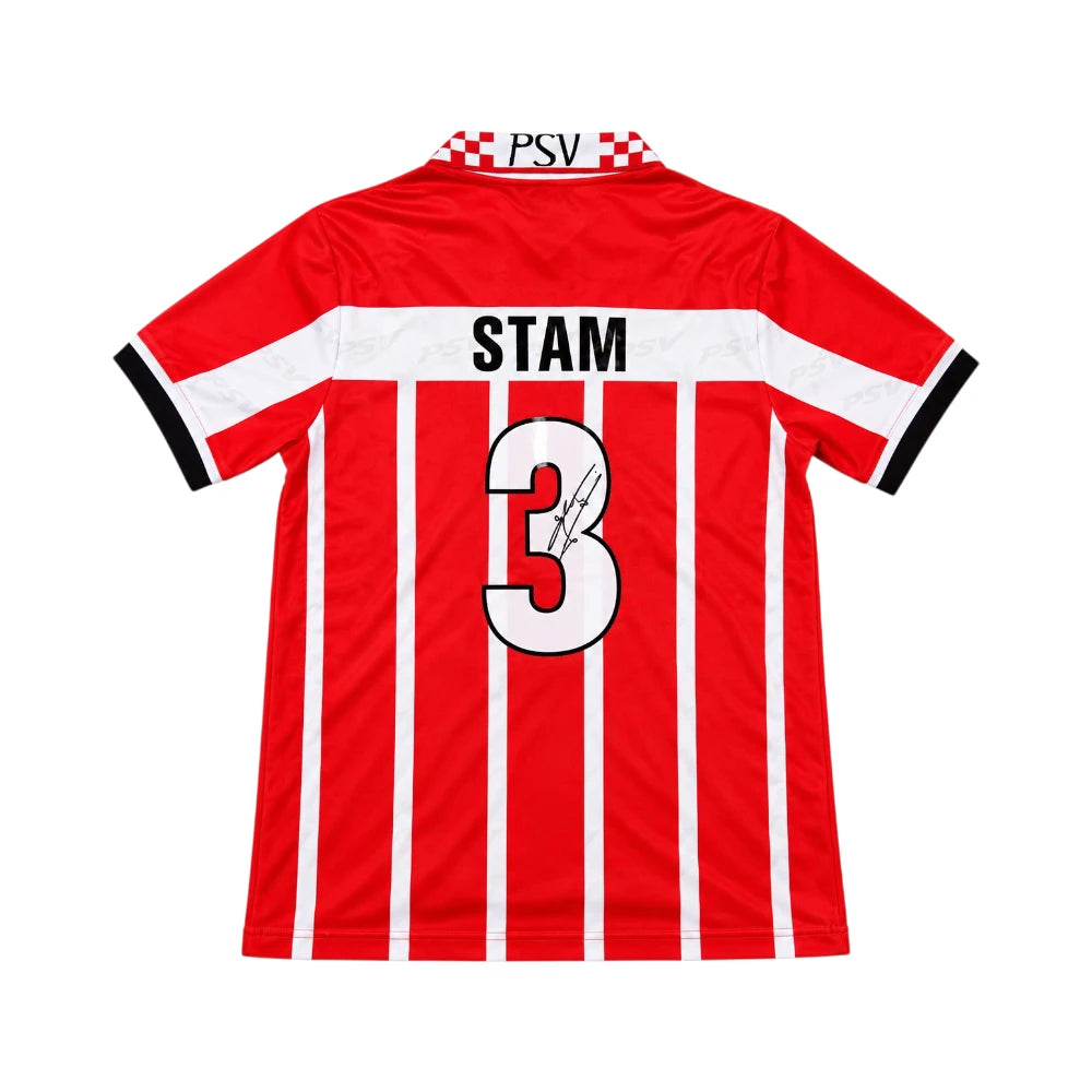 Door Jaap Stam gesigneerd PSV 1995-1996 home voetbalshirt met naam Stam en rugnummer 3, achterkant