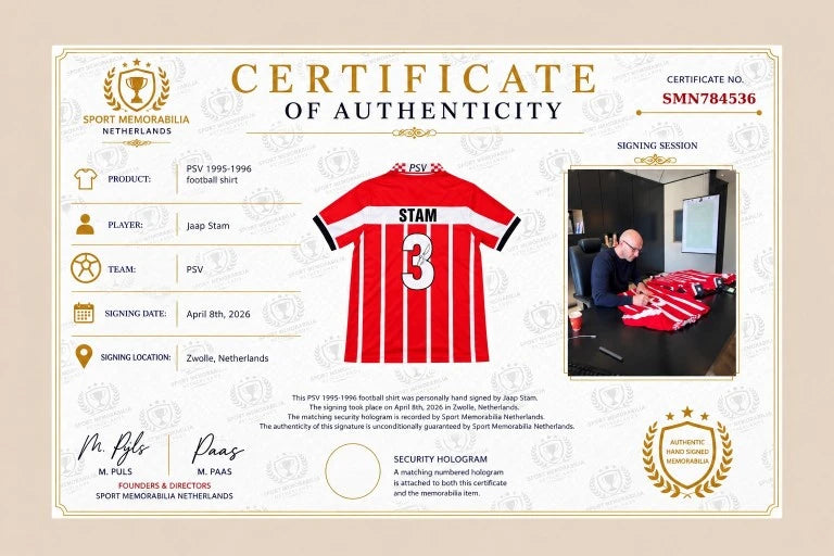 Certificaat van echtheid van een door Jaap Stam gesigneerd PSV voetbalshirt uit 1995-1996.