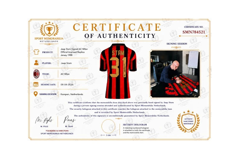 Certificate of authenticity for a Jaap Stam signed AC Milan 1988 replica number 31 football shirt.