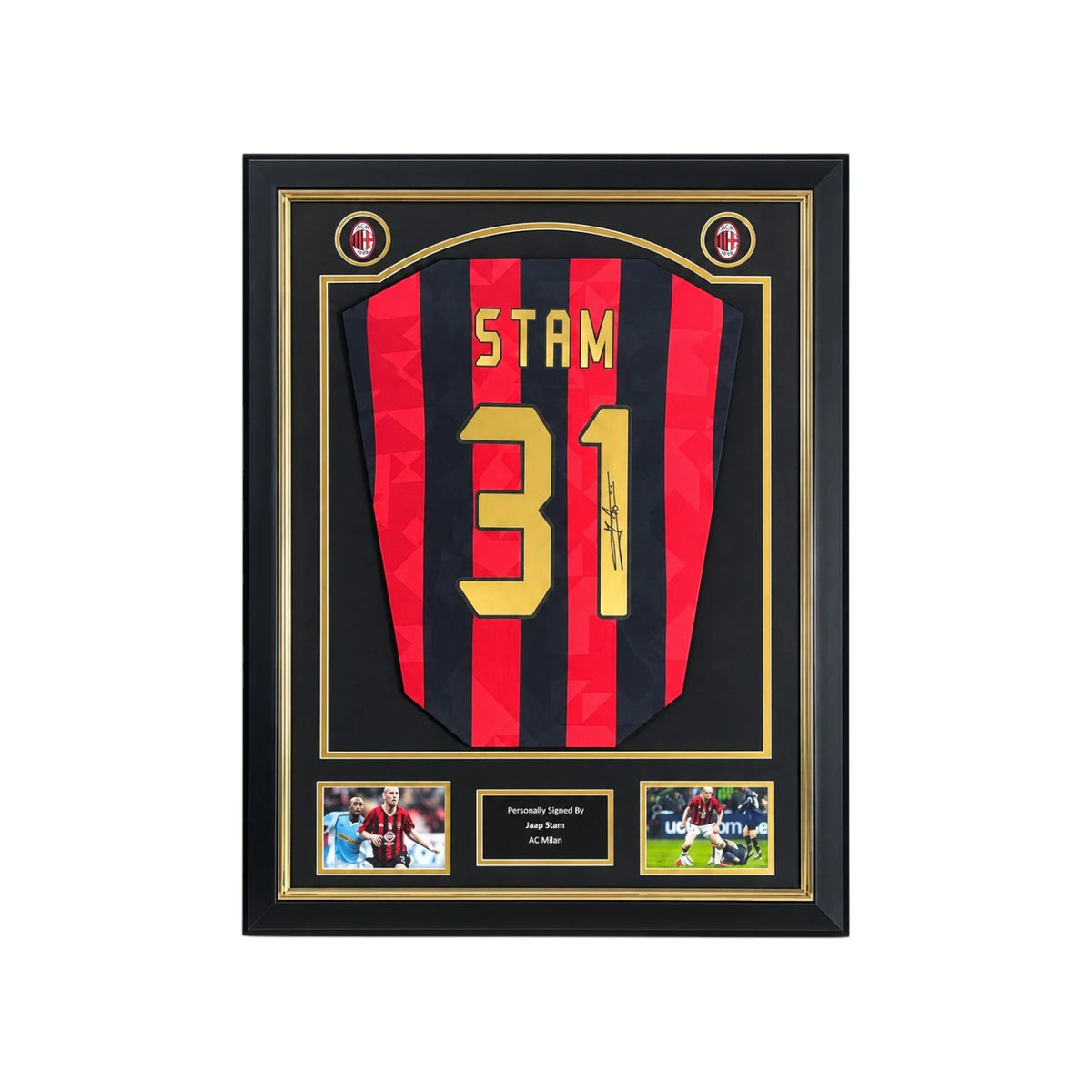 Framed Jaap Stam signed AC Milan 1988 replica number 31 football shirt with two photos and a central plaque. Hoofdafbeelding