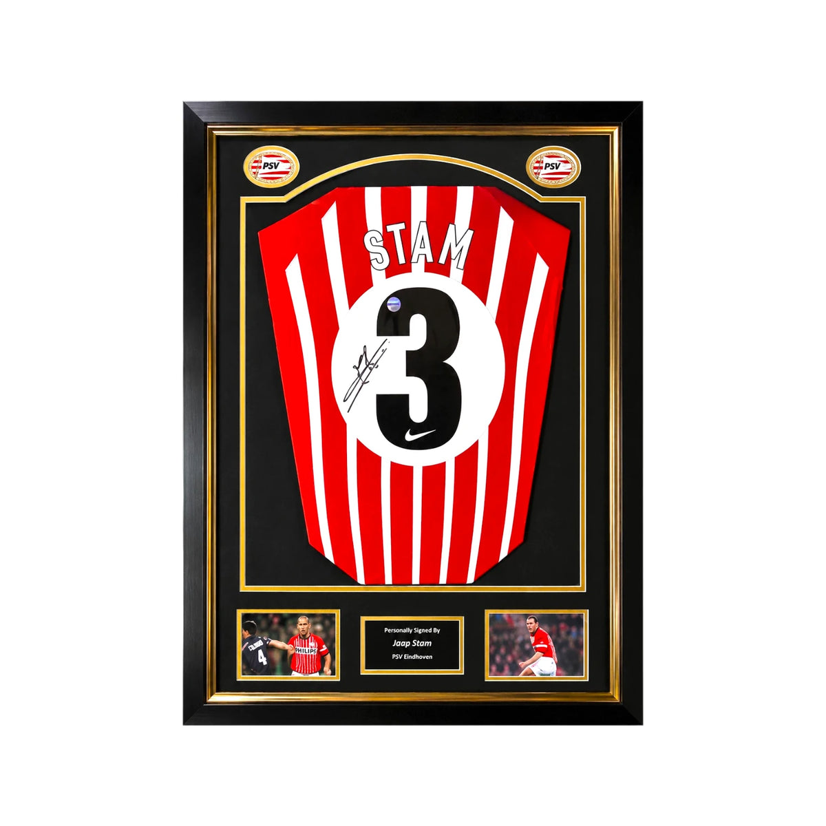 Framed Jaap Stam signed PSV number 3 football shirt with two photos and a central plaque. Hoofdafbeelding
