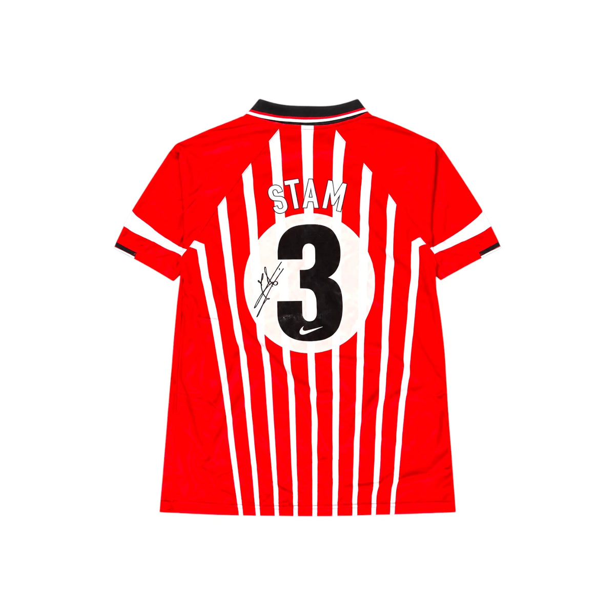 Back of a red and white PSV number 3 football shirt signed by Jaap Stam. Hoofdafbeelding