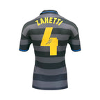 Back of a black and grey Inter Milan number 4 football shirt signed by Javier Zanetti.