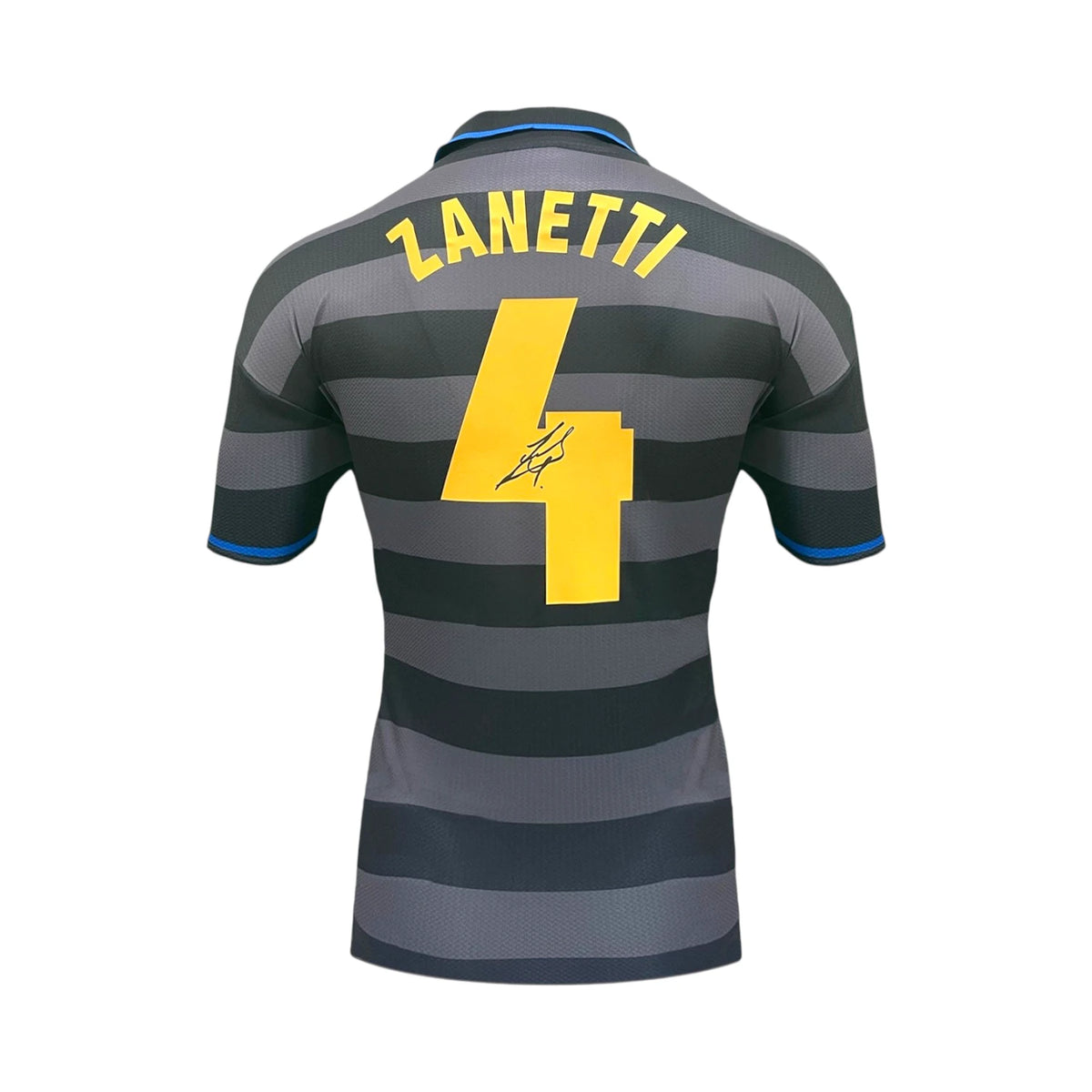 Back of a black and grey Inter Milan number 4 football shirt signed by Javier Zanetti. Hoofdafbeelding