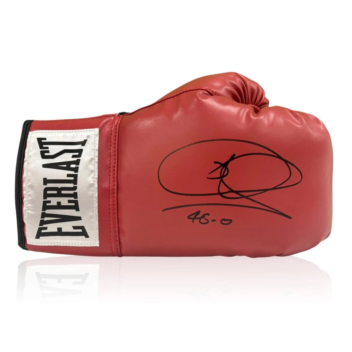 Red Everlast boxing glove signed by Joe Calzaghe with black signature and 46-0 inscription.