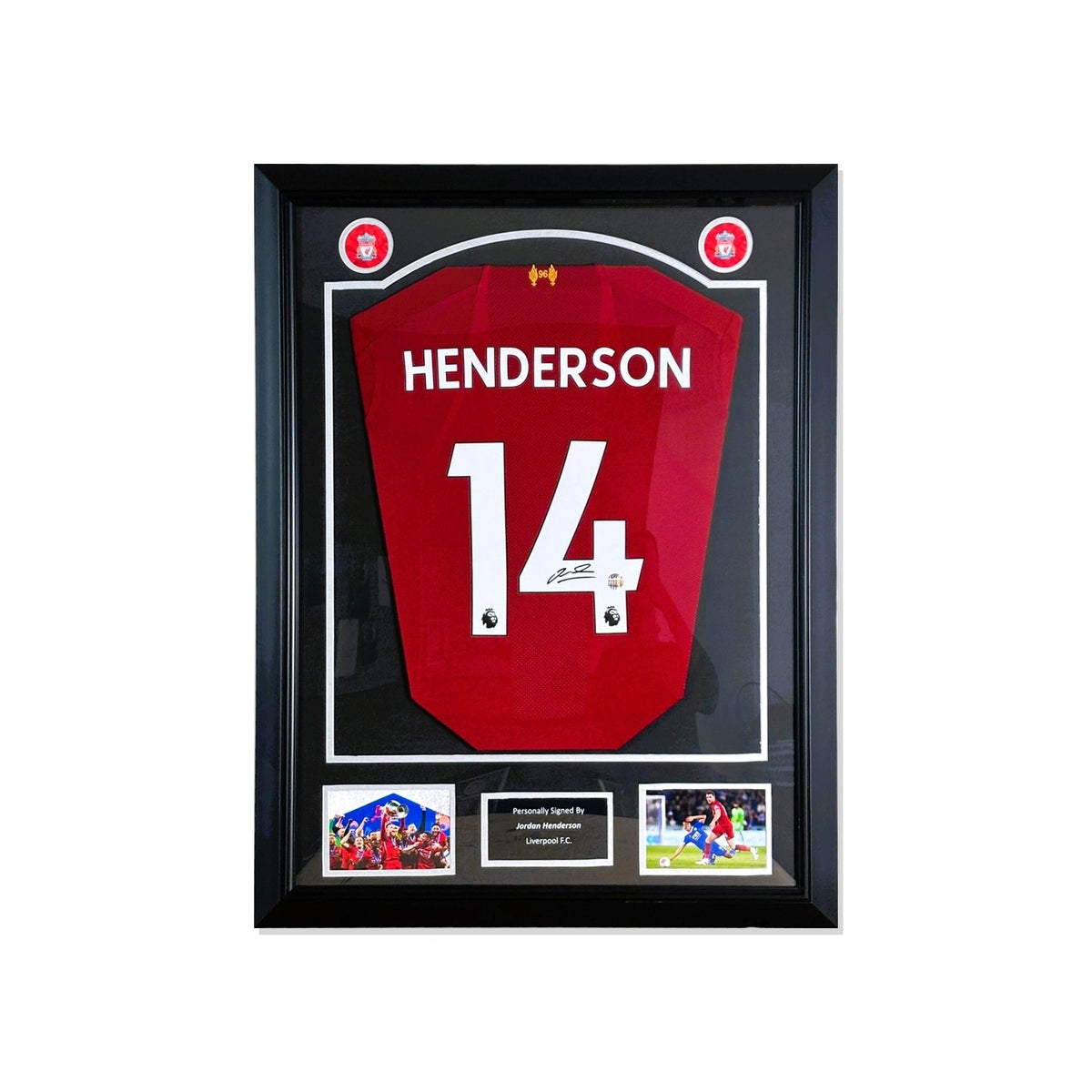 Deluxe ingelijst Liverpool nummer 14 voetbalshirt gesigneerd door Jordan Henderson met actiefoto’s en naamplaatje.