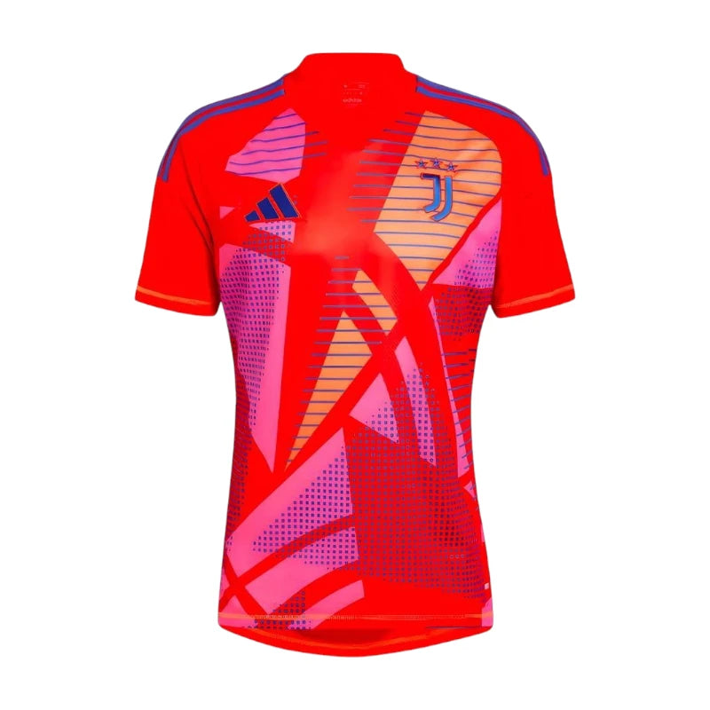 Voorkant van het rode Adidas Juventus keepersshirt 2024/25 met roze, oranje en blauwe grafische details, Juventus clubembleem en Adidas logo.