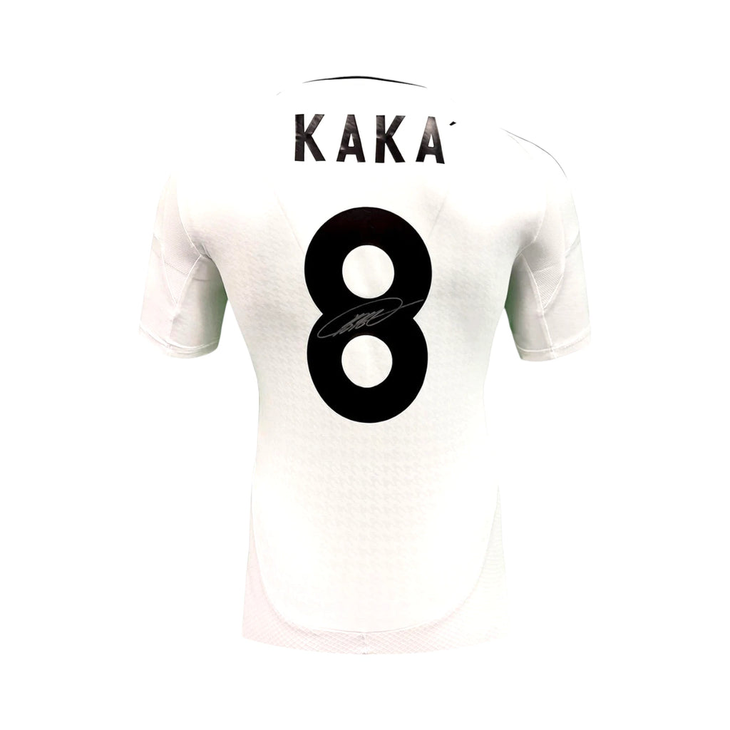 Back of a white Real Madrid number 8 football shirt signed by Kaka.