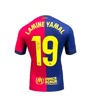Back view of a Barcelona number 19 football shirt featuring Lamine Yamal.